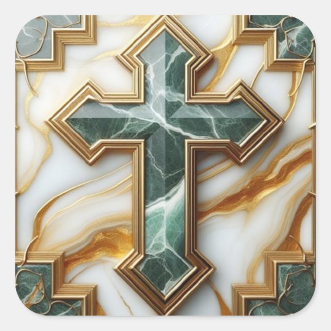 Elegance in Stone Golden-Framed Marble Cross Square Sticker (Front)