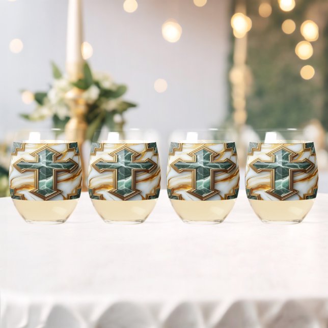 Elegance in Stone Golden-Framed Marble Cross Stemless Wine Glass (Insitu (Wedding))