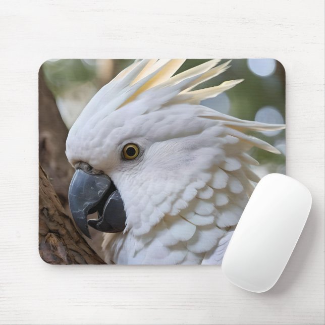 Elegance in White: The Majestic Aussie Cockatoo Mouse Mat (With Mouse)