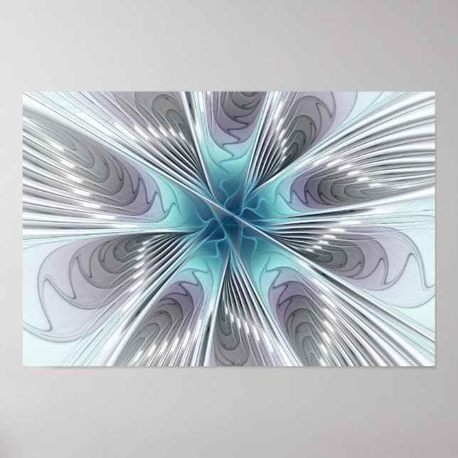 Elegance Modern Blue Gray White Fractal Art Flower Poster (Front)