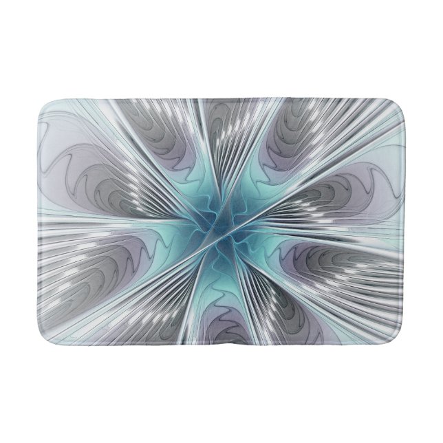 Elegance Modern Blue Grey White Fractal Art Flower Bath Mat (Front)