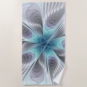 Elegance Modern Blue Grey White Fractal Art Flower Beach Towel