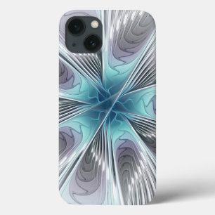 Elegance Modern Blue Grey White Fractal Art Flower iPhone 13 Case