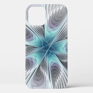 Elegance Modern Blue Grey White Fractal Art Flower iPhone 12 Case