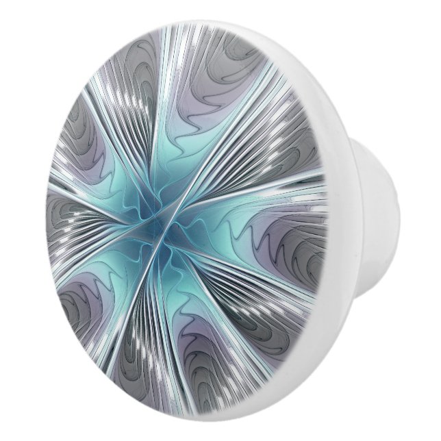 Elegance Modern Blue Grey White Fractal Art Flower Ceramic Knob (Right)