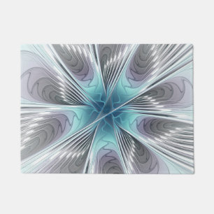 Elegance Modern Blue Grey White Fractal Art Flower Doormat