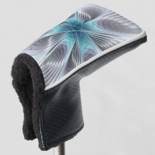 Elegance Modern Blue Grey White Fractal Art Flower Golf Head Cover