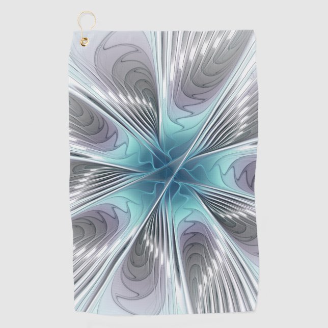 Elegance Modern Blue Grey White Fractal Art Flower Golf Towel (Front)