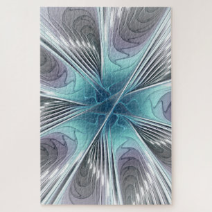 Elegance Modern Blue Grey White Fractal Art Flower Jigsaw Puzzle