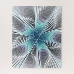 Elegance Modern Blue Grey White Fractal Art Flower Jigsaw Puzzle