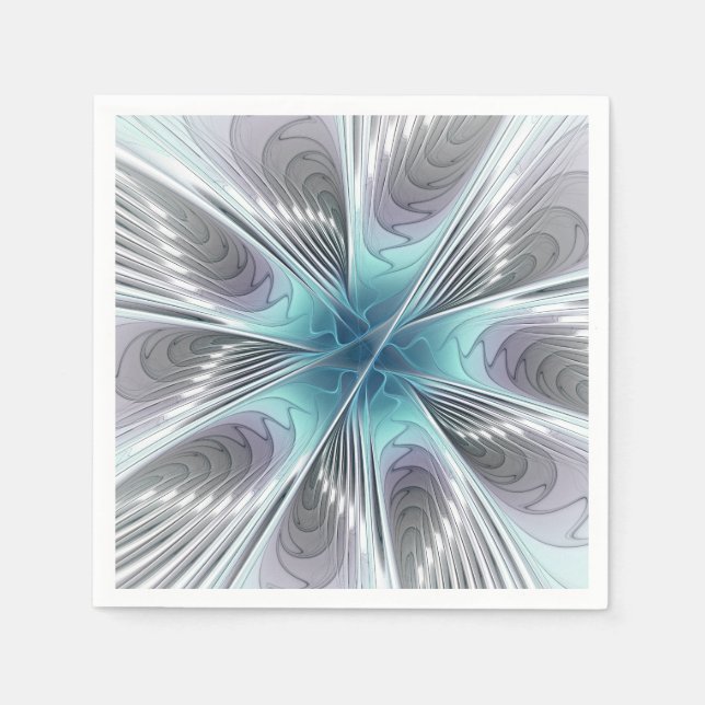 Elegance Modern Blue Grey White Fractal Art Flower Napkin (Front)