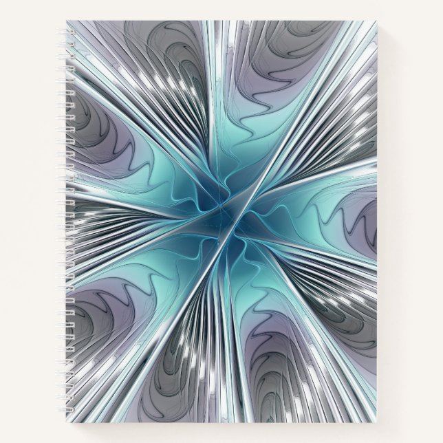 Elegance Modern Blue Grey White Fractal Art Flower Notebook (Front)