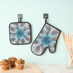Elegance Modern Blue Grey White Fractal Art Flower Oven Mitt & Pot Holder Set