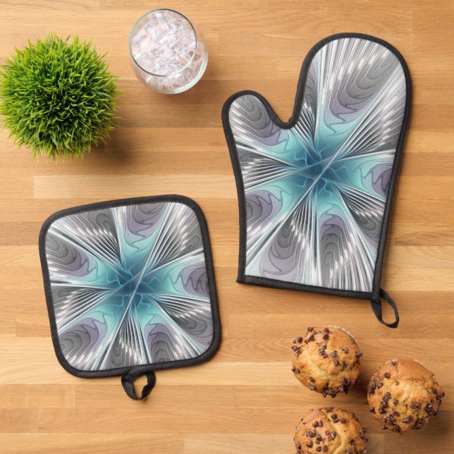 Elegance Modern Blue Grey White Fractal Art Flower Oven Mitt & Pot Holder Set (Top Down)
