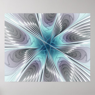 Elegance Modern Blue Grey White Fractal Art Flower Poster
