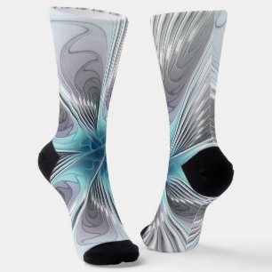 Elegance Modern Blue Grey White Fractal Art Flower Socks