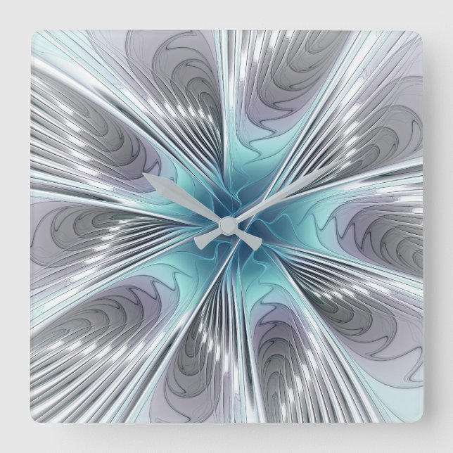 Elegance Modern Blue Grey White Fractal Art Flower Square Wall Clock (Front)