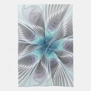 Elegance Modern Blue Grey White Fractal Art Flower Tea Towel