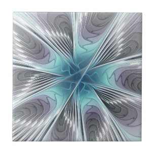 Elegance Modern Blue Grey White Fractal Art Flower Tile
