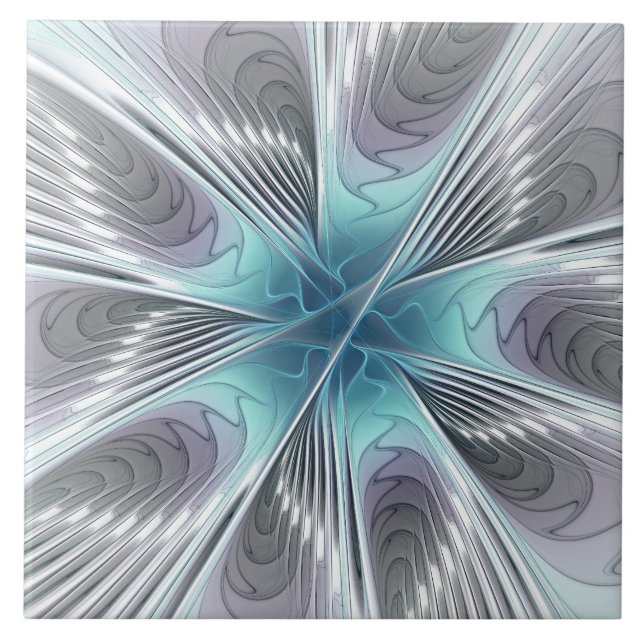 Elegance Modern Blue Grey White Fractal Art Flower Tile (Front)