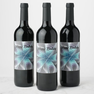 Elegance Modern Blue Grey White Fractal Art Flower Wine Label