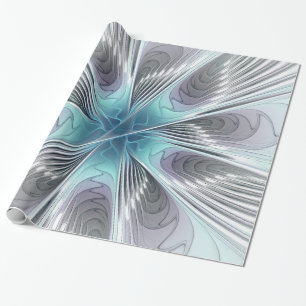 Elegance Modern Blue Grey White Fractal Art Flower Wrapping Paper