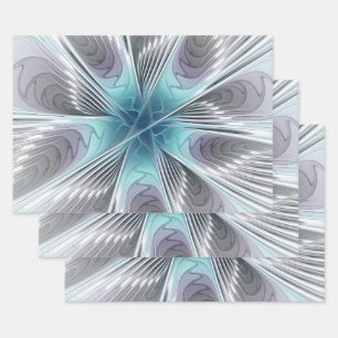 Elegance Modern Blue Grey White Fractal Art Flower Wrapping Paper Sheet