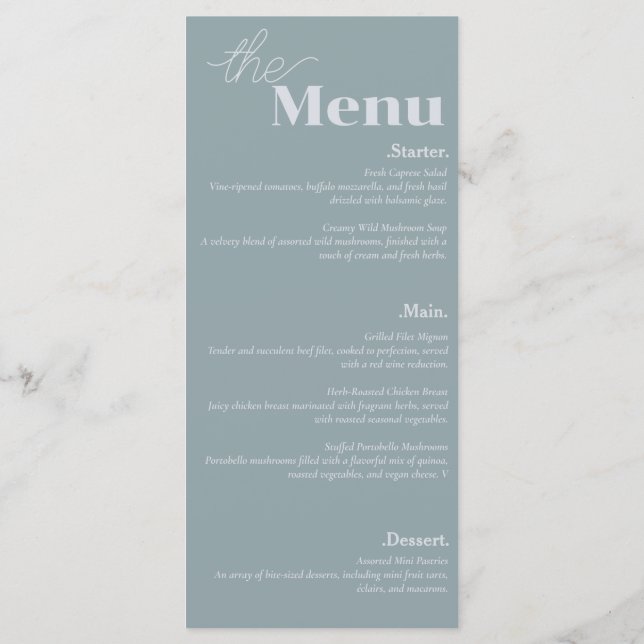 Elegance & Modern Flair Dusty Blue Wedding Menu (Back)