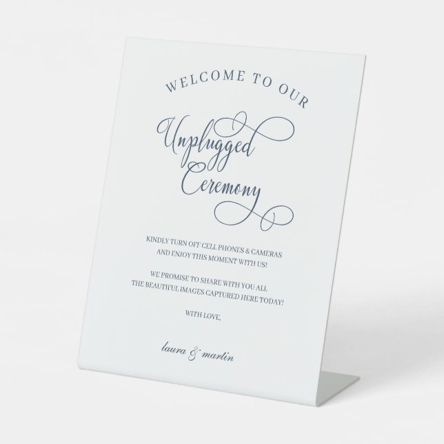 Elegance Navy Blue Script Unplugged Ceremony Pedestal Sign (Front)