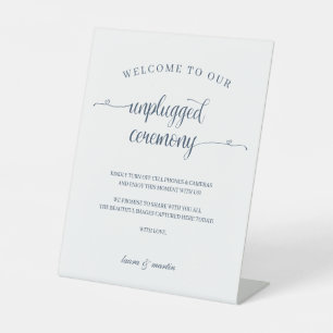 Elegance Navy Heart Script Unplugged Ceremony Pedestal Sign