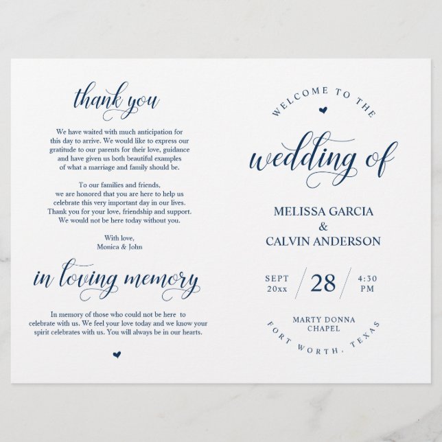 Elegance navy Wedding Ceremony, Foldable Program (Front)