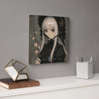 Elegance of the Midnight Blossom Maiden Premium Square Wall Clock
