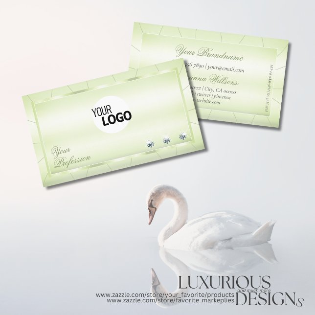 Elegance Pastel Green with Diamonds and Logo Luxe  Business Card (Creator Uploaded)