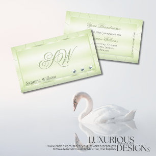Elegance Pastel Green with Diamonds and Monogram Business Card