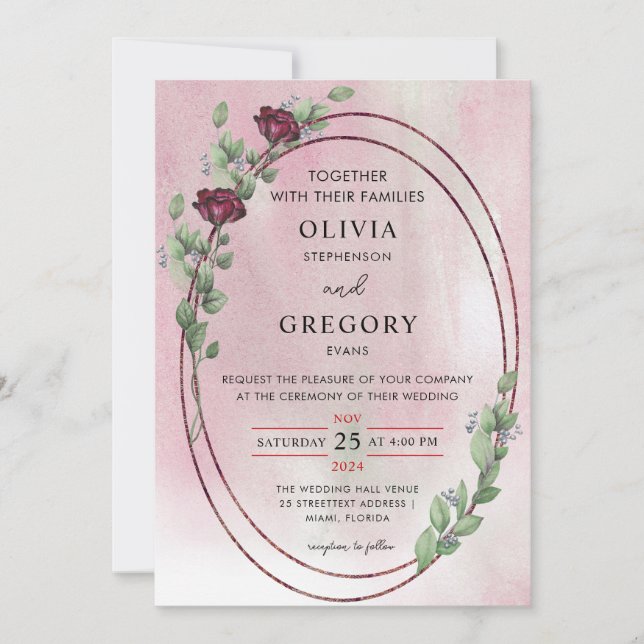 Elegance Pastel Rustic Rose & Eucalyptus Wedding Invitation (Front)