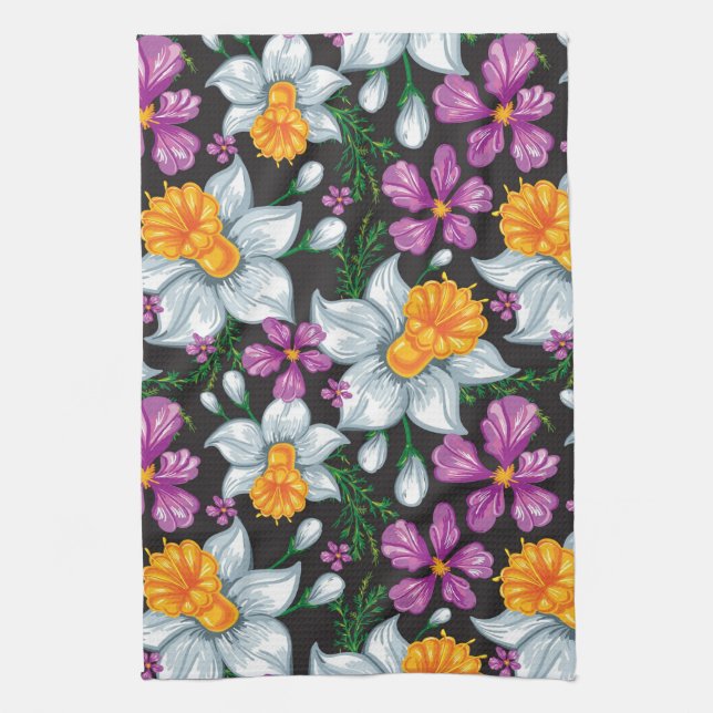 Elegance pattern with narcissus flowers 2 tea towel (Vertical)