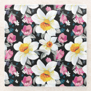 Elegance pattern with narcissus flowers glass coaster