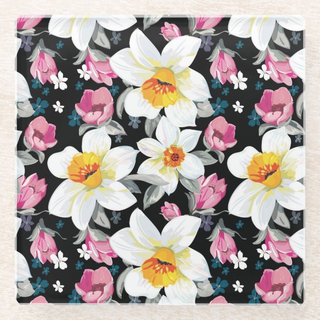 Elegance pattern with narcissus flowers glass coaster (Front)