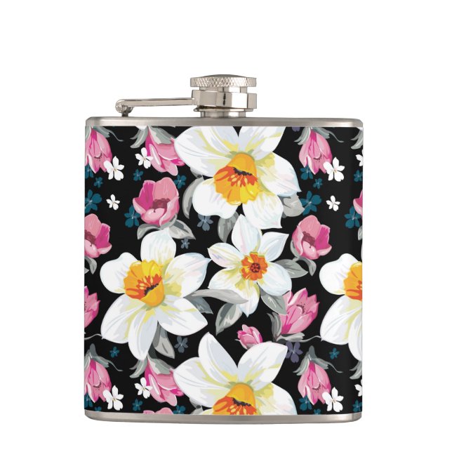 Elegance pattern with narcissus flowers hip flask (Front)