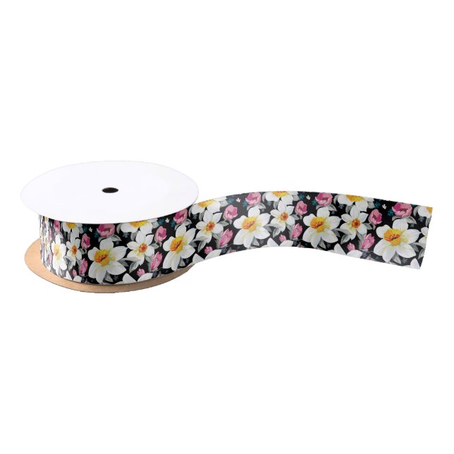Elegance pattern with narcissus flowers satin ribbon (Spool)