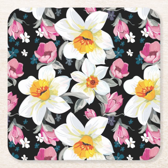 Elegance pattern with narcissus flowers square paper coaster (Front)