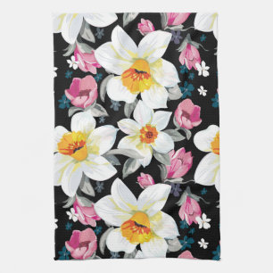 Elegance pattern with narcissus flowers tea towel
