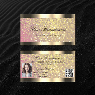 Elegance Pink Glitter Gold Border Photo QR Code Business Card