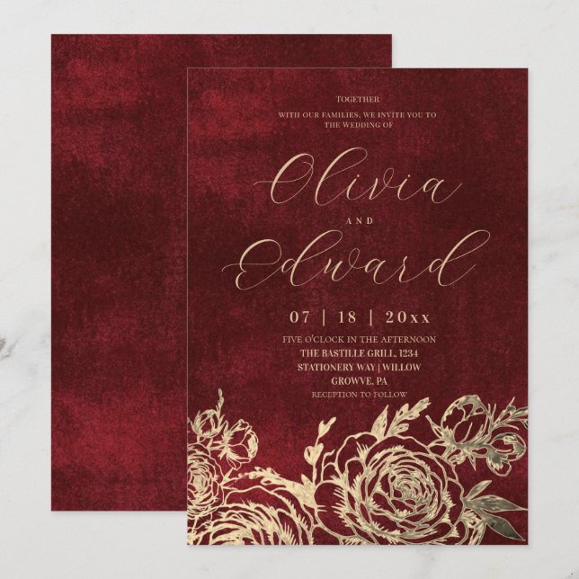 Elegance Romantic Burgundy Wedding  Invitation (Front/Back)