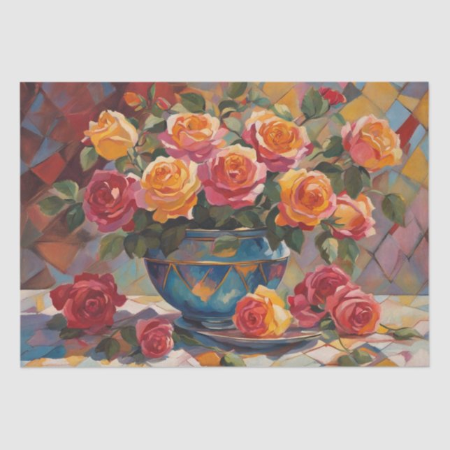 Elegance: Rose Bouquet in a Harlequin Decoupage Tissue Paper (Front)