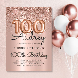 Elegance Rose Gold Glitter Balloon 100th Birthday  Invitation
