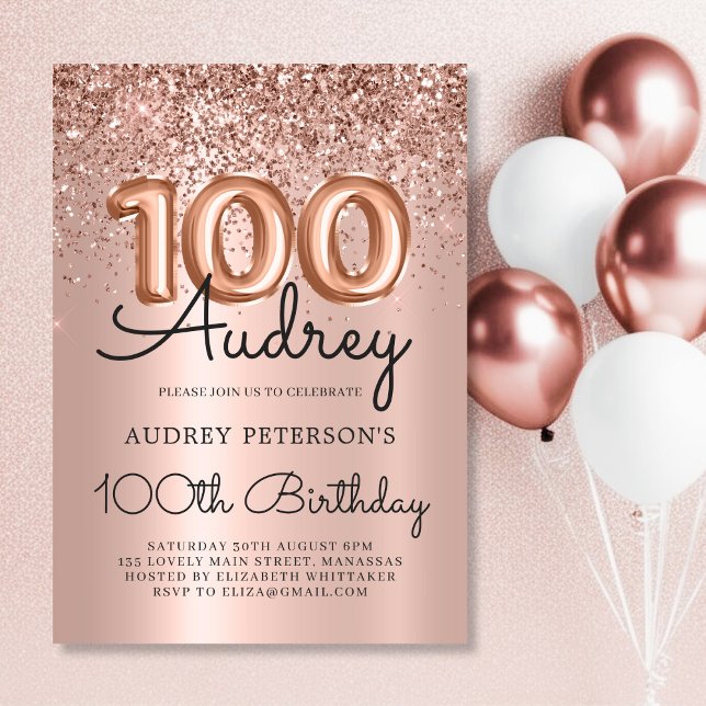 Elegance Rose Gold Glitter Balloon 100th Birthday  Invitation (Creator Uploaded)