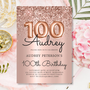 Elegance Rose Gold Glitter Balloon 100th Birthday  Invitation