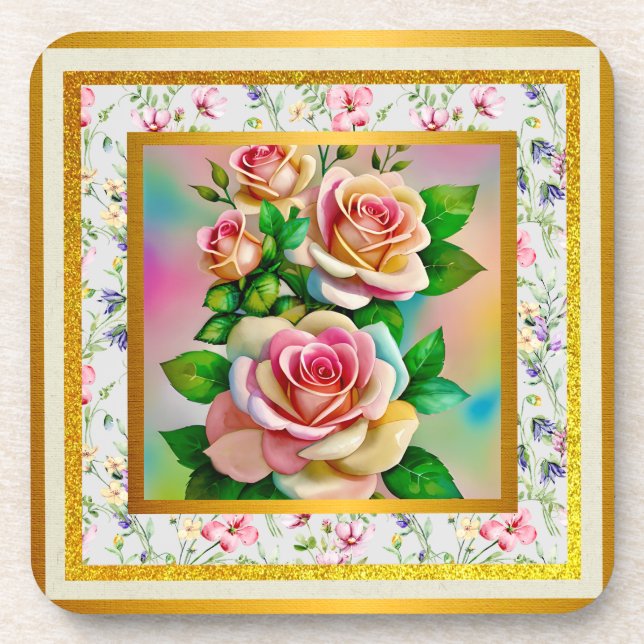 Elegance Roses Pink and Yellow Watercolor Pastel Coaster (Front)