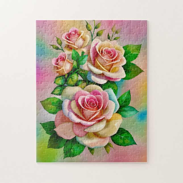  Elegance Roses Pink and Yellow Watercolor Pastel Jigsaw Puzzle (Vertical)